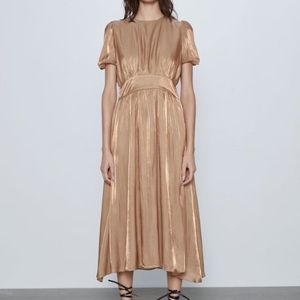 NWT ZARA Golden Puff Sleeve Midi Dress